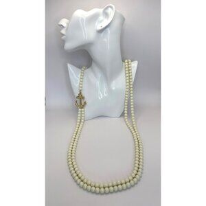 Spartina 449 Vintage Gold Tone Cream Double Strand Beads Anchor 38" Necklace